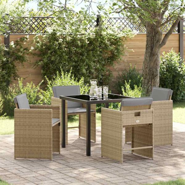 ARDEBO.de - 5-teiliges Garten Essset mit Kissen Beige Poly Rattan, Gartentisch Schwarz 80x80x73 cm Tempered Glass