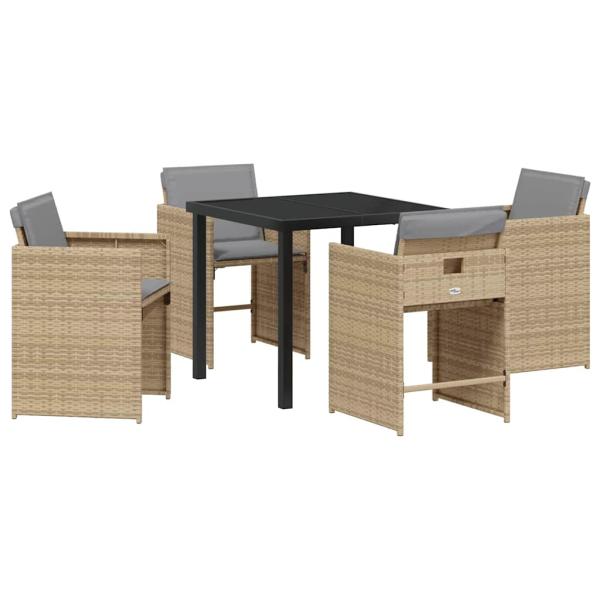 5-teiliges Garten Essset mit Kissen Beige Poly Rattan, Gartentisch Schwarz 80x80x73 cm Tempered Glass