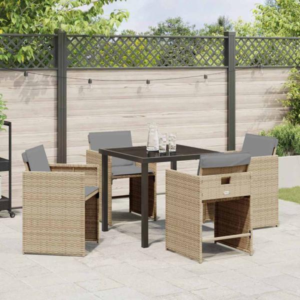 5-teiliges Garten Essset mit Kissen Beige Poly Rattan, Gartentisch Schwarz 80x80x73 cm Tempered Glass