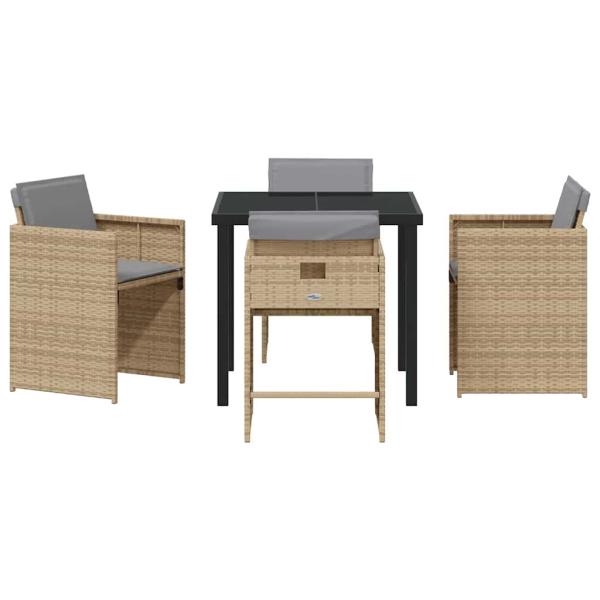 5-teiliges Garten Essset mit Kissen Beige Poly Rattan, Gartentisch Schwarz 80x80x73 cm Tempered Glass