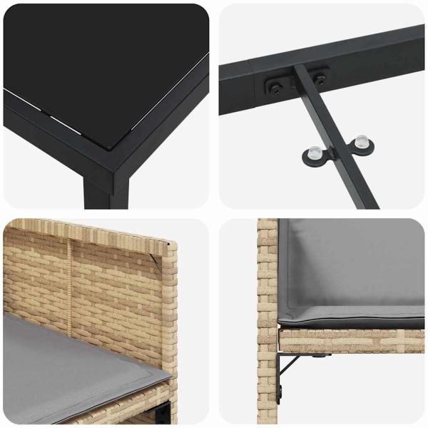 5-teiliges Garten Essset mit Kissen Beige Poly Rattan, Gartentisch Schwarz 80x80x73 cm Tempered Glass