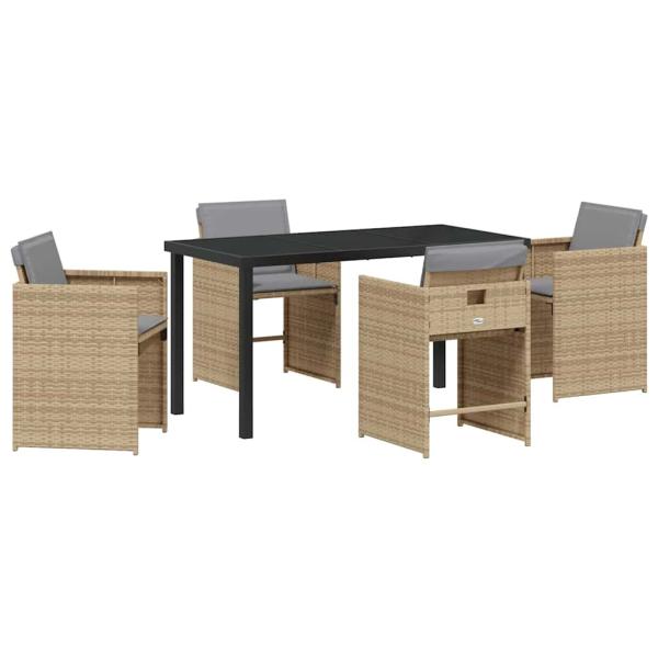 5 Teiliges Garten-Essgruppe mit Kissen Beige Poly Rattan, Gartentisch Schwarz 140x80x73 cm Temperiertes Glas