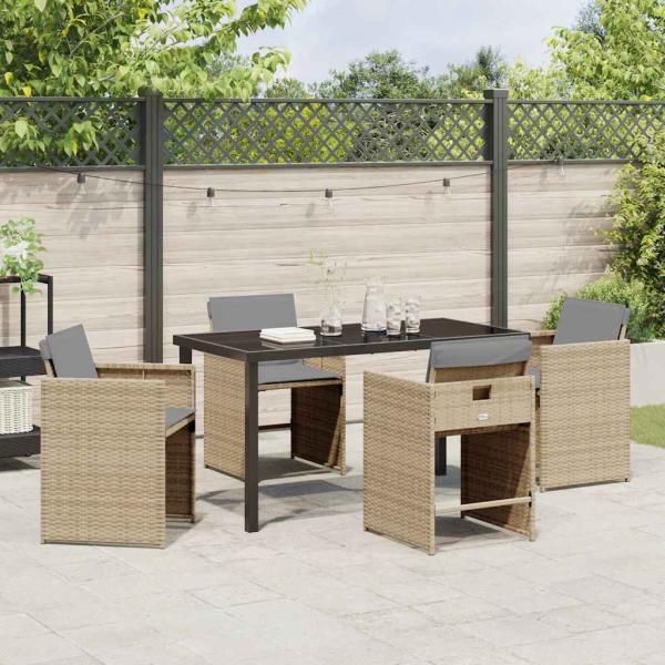5 Teiliges Garten-Essgruppe mit Kissen Beige Poly Rattan, Gartentisch Schwarz 140x80x73 cm Temperiertes Glas