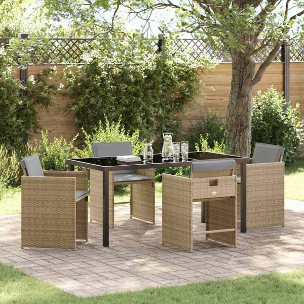 ARDEBO.de - 5-teiliges Garten Essset mit Kissen Beige Poly Rattan, Gartentisch Schwarz 160x80x73 cm Sicherheitsglas