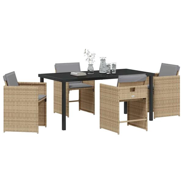 5-teiliges Garten Essset mit Kissen Beige Poly Rattan, Gartentisch Schwarz 160x80x73 cm Sicherheitsglas