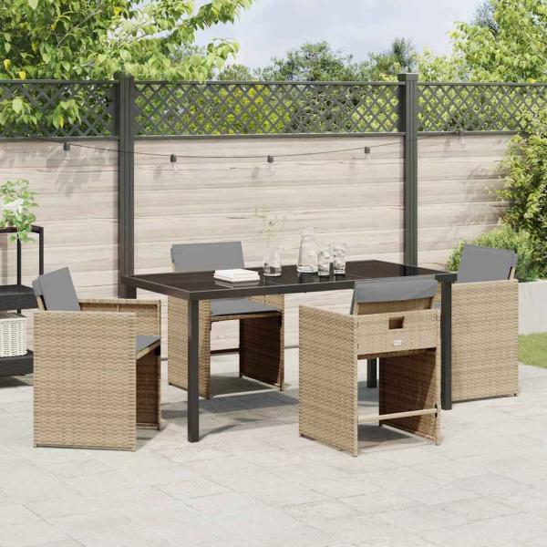5-teiliges Garten Essset mit Kissen Beige Poly Rattan, Gartentisch Schwarz 160x80x73 cm Sicherheitsglas