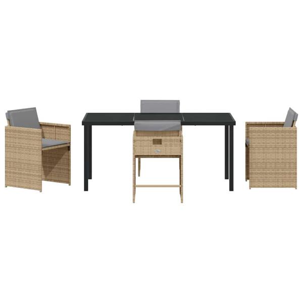5-teiliges Garten Essset mit Kissen Beige Poly Rattan, Gartentisch Schwarz 160x80x73 cm Sicherheitsglas