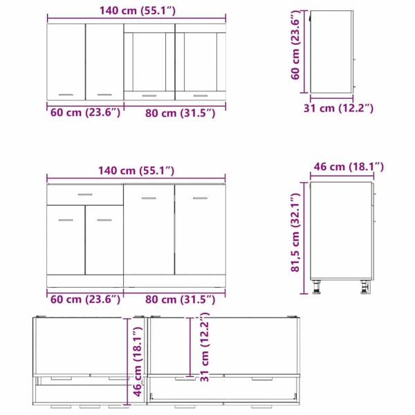 4-teiliges Küchenschrankset aus geräucherter Eiche, hergestellt aus MDF