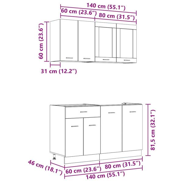 4-teiliges Küchenschrankset aus geräucherter Eiche, hergestellt aus MDF