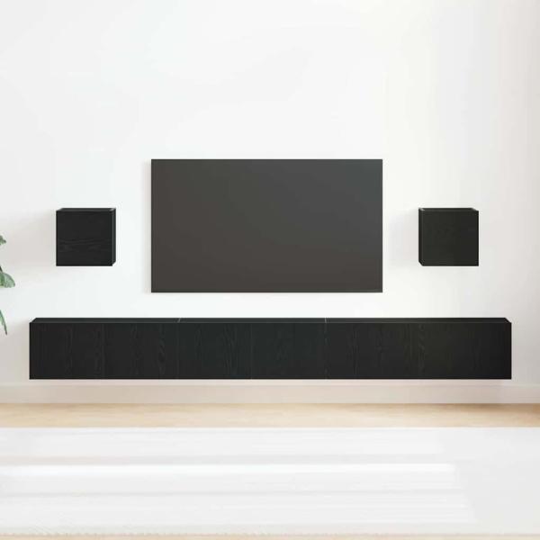 7-teiliges TV-Schrank Set Schwarz Eiche Holzwerkstoff, TV Wandschränke (Set von 2) - Schwarz Eiche, 80x30x30 cm, aus Holzwerkstoff, Schwarzer Eichen Wandmontierter TV-Schrank 100x30x30 cm aus Holzwerkstoff, Wandmontierte TV-Schränke 2 Stück Schwarz Eiche 