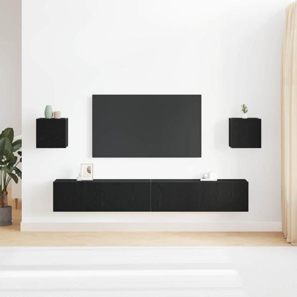 6-teiliges TV Schrank Set wandmontiert Schwarze Eiche Konstruiertes Holz, Wandmontierte TV Schränke 2 Stück Schwarze Eiche 30,5x30x30 cm, Schwarzer Eichen Wandmontierter TV Schrank 100x30x30 cm Aus Konstruiertem Holz