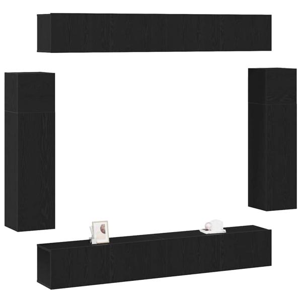 8-teiliges wandmontiertes TV-Schrankset in Schwarz Eiche aus Holzwerkstoff, wandmontierte TV-Schränke - 2 Stück Schwarz Eiche, 30,5x30x90 cm, aus Holzwerkstoff, wandmontierte TV-Schränke 2 Stück Schwarz Eiche 30,5x30x30 cm, schwarzer Eiche wandmontierter 