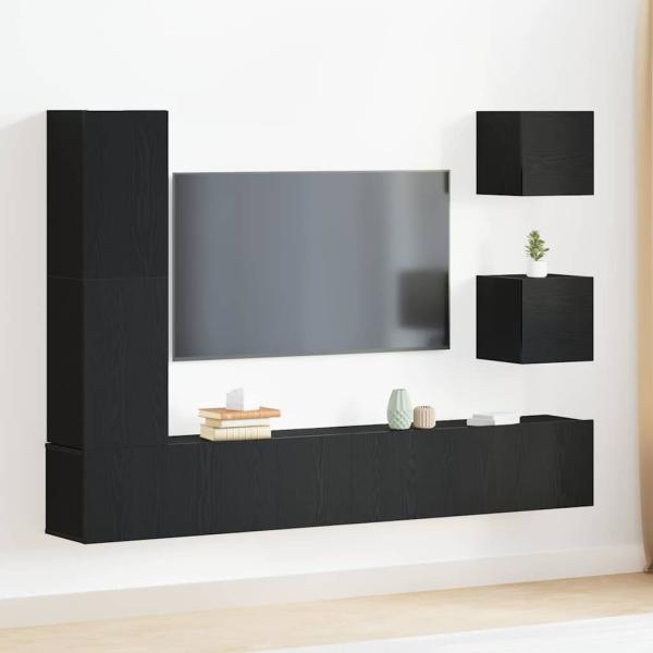 ARDEBO.de - 6-teiliges TV-Schrank-Set Schwarze Eiche Holzwerkstoff, Wandmontierte TV-Schränke 2 Stück Schwarze Eiche 30,5x30x30 cm, TV-Schrank Schwarze Eiche 30,5x30x110 cm Holzwerkstoff, Schwarzer Eichen-Wand-TV-Schrank 100x30x30 cm aus Holzwerkstoff