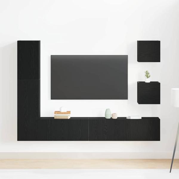 6-teiliges TV-Schrank-Set Schwarze Eiche Holzwerkstoff, Wandmontierte TV-Schränke 2 Stück Schwarze Eiche 30,5x30x30 cm, TV-Schrank Schwarze Eiche 30,5x30x110 cm Holzwerkstoff, Schwarzer Eichen-Wand-TV-Schrank 100x30x30 cm aus Holzwerkstoff