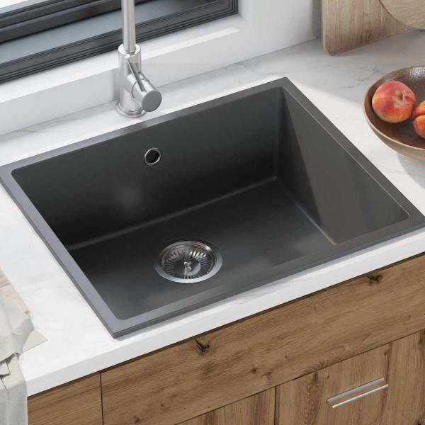 ARDEBO.de - Küchenspülbecken mit Überlaufloch in Grauem Granit