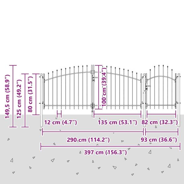 Gartentor mit Spear-Spitze Schwarz 100x400 cm Stahl