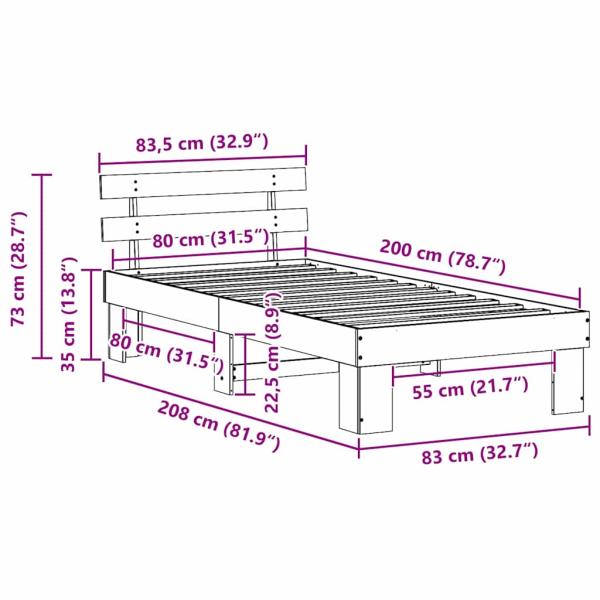 ARDEBO.de - Bettgestell mit Kopfteil 80x200 cm Massivholz Kiefer