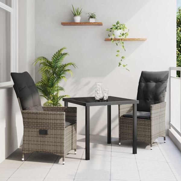 ARDEBO.de - 3-teiliges Garten-Esszimmer-Set mit Kissen Grau Poly-Rattan