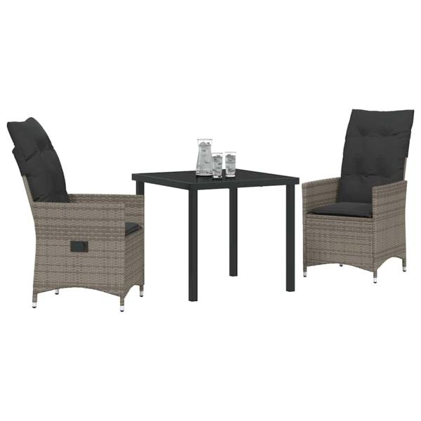 3-teiliges Garten-Esszimmer-Set mit Kissen Grau Poly-Rattan