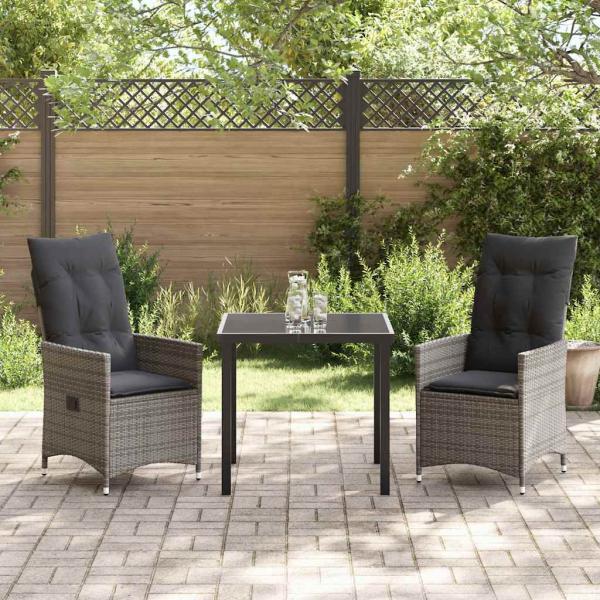 3-teiliges Garten-Esszimmer-Set mit Kissen Grau Poly-Rattan