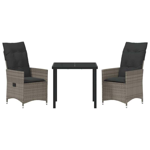 3-teiliges Garten-Esszimmer-Set mit Kissen Grau Poly-Rattan