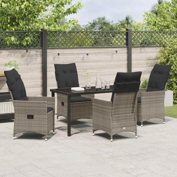 5-teiliges Gartentisch-Set mit Kissen Grau Poly-Rattan