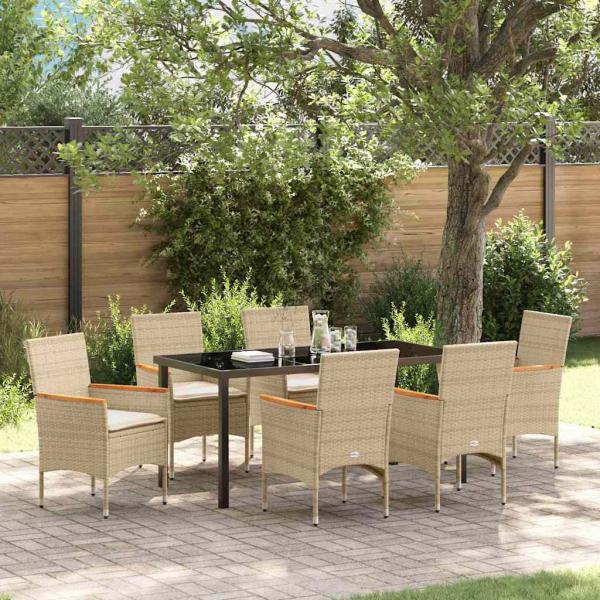 ARDEBO.de - 7-teiliges Garten Essset mit Kissen Beige Poly-Rattan, Gartentisch Schwarz 160x80x73 cm Sicherheitsglas