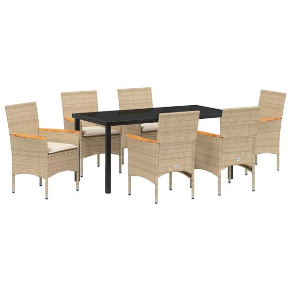 7-teiliges Garten Essset mit Kissen Beige Poly-Rattan, Gartentisch Schwarz 160x80x73 cm Sicherheitsglas
