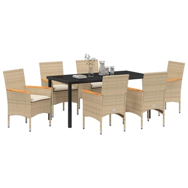 7-teiliges Garten Essset mit Kissen Beige Poly-Rattan, Gartentisch Schwarz 160x80x73 cm Sicherheitsglas