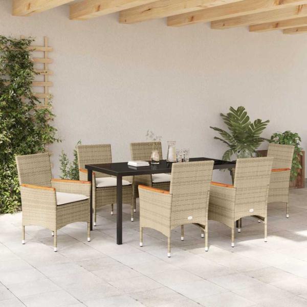 7-teiliges Garten Essset mit Kissen Beige Poly-Rattan, Gartentisch Schwarz 160x80x73 cm Sicherheitsglas