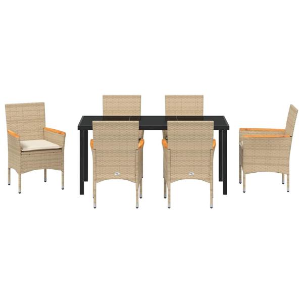 7-teiliges Garten Essset mit Kissen Beige Poly-Rattan, Gartentisch Schwarz 160x80x73 cm Sicherheitsglas