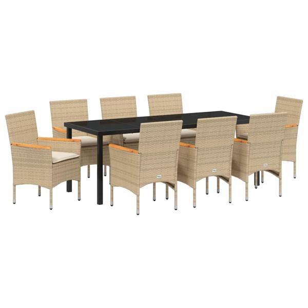 ARDEBO.de - 9-teiliges Garten Essset mit Kissen Beiger Poly Rattan, Gartentisch Schwarz 200x80x73 cm Sicherheitsglas