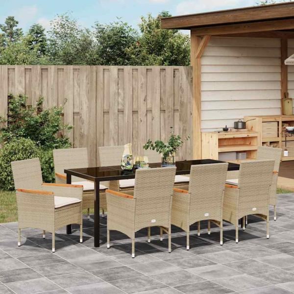 9-teiliges Garten Essset mit Kissen Beiger Poly Rattan, Gartentisch Schwarz 200x80x73 cm Sicherheitsglas