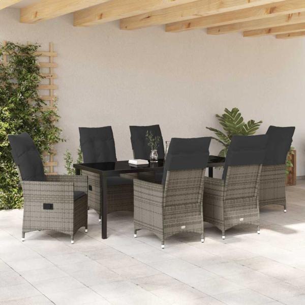 7-teiliges Garten-Esszimmer Set mit Kissen Grau Poly-Rattan
