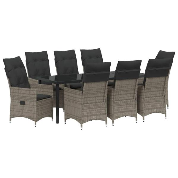 9-teiliges Garten-Diningset mit Kissen Grau Poly Rattan
