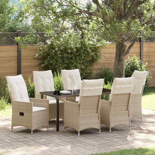 ARDEBO.de - 7-teiliges Garten-Esszimmer-Set mit Kissen, Beige Poly-Rattan