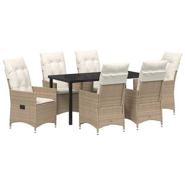 7-teiliges Garten-Esszimmer-Set mit Kissen, Beige Poly-Rattan