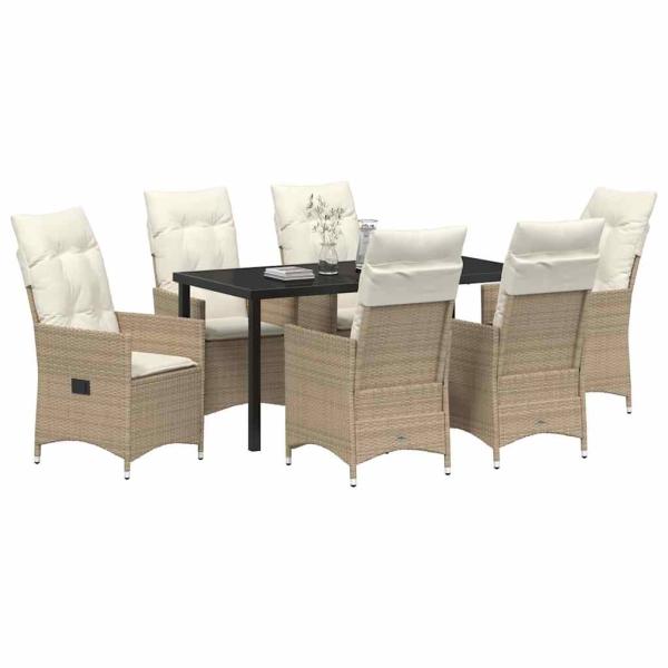 7-teiliges Garten-Esszimmer-Set mit Kissen, Beige Poly-Rattan
