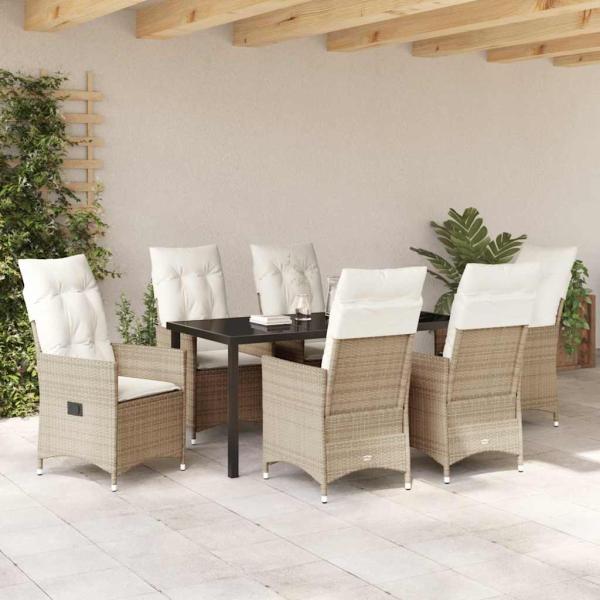 7-teiliges Garten-Esszimmer-Set mit Kissen, Beige Poly-Rattan