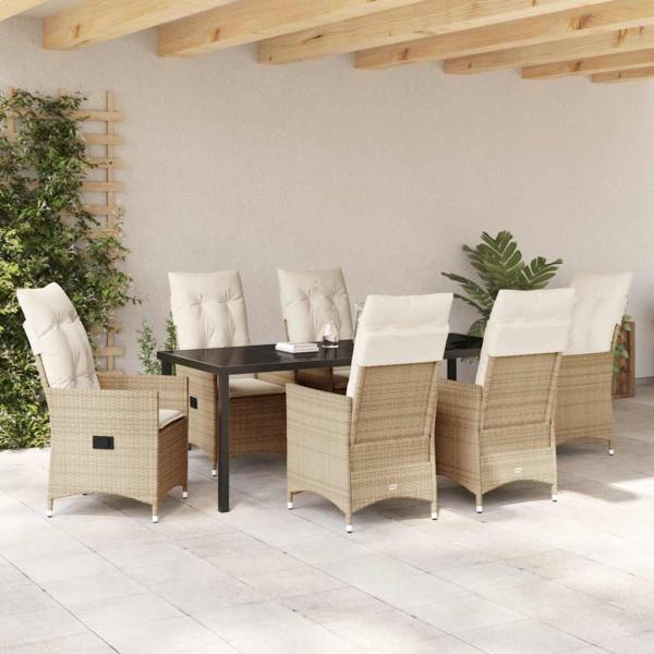 7-teiliges Garten-Esstischset mit Kissen in Beige aus Poly-Rattan