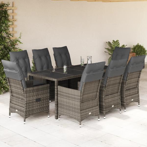 ARDEBO.de - 9-tlg. Garten-Essgruppe mit Kissen Grau Poly Rattan
