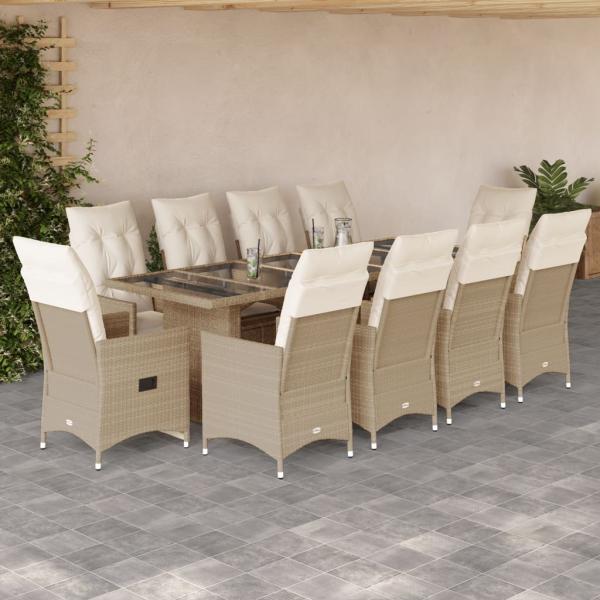 ARDEBO.de - 11-tlg. Garten-Bistro-Set mit Kissen Beige Poly Rattan
