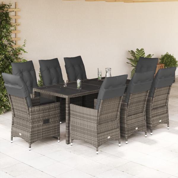 ARDEBO.de - 9-tlg. Garten-Essgruppe mit Kissen Grau Poly Rattan