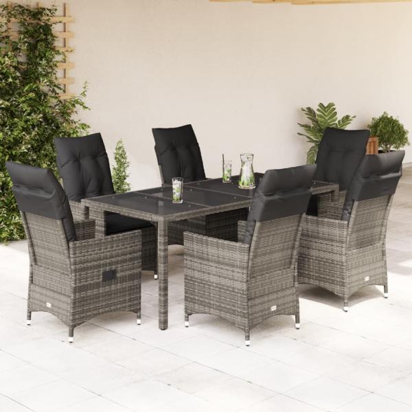 ARDEBO.de - 7-tlg. Garten-Essgruppe mit Kissen Grau Poly Rattan