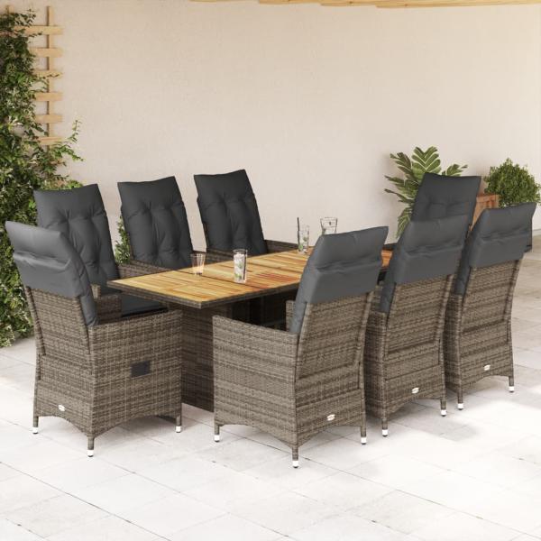 ARDEBO.de - 9-tlg. Garten-Essgruppe mit Kissen Grau Poly Rattan