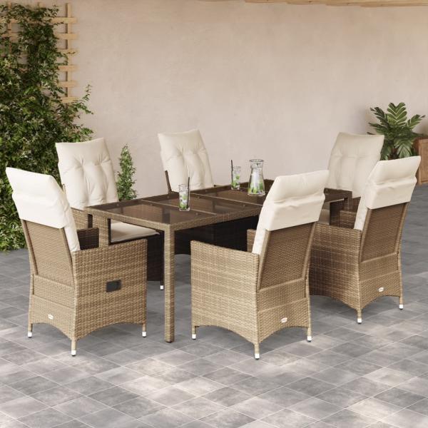 ARDEBO.de - 7-tlg. Garten-Essgruppe mit Kissen Beige Poly Rattan
