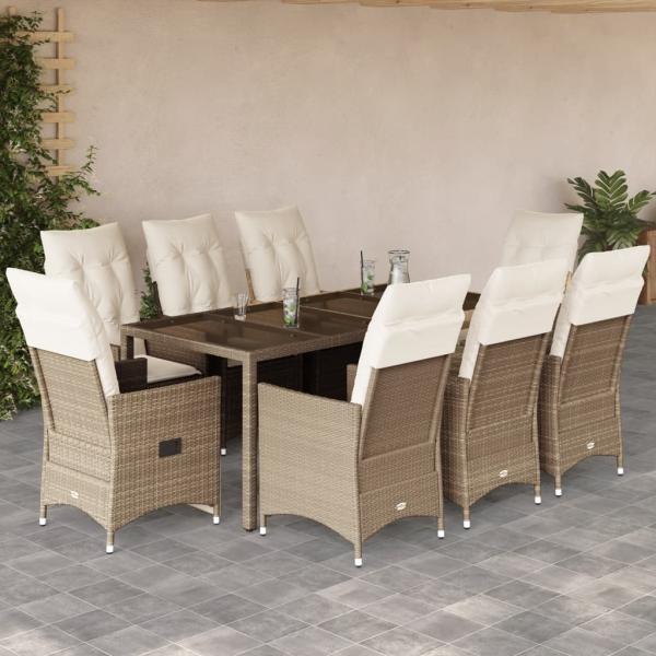 ARDEBO.de - 9-tlg. Garten-Essgruppe mit Kissen Beige Poly Rattan