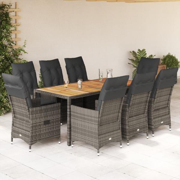 ARDEBO.de - 9-tlg. Garten-Essgruppe mit Kissen Grau Poly Rattan