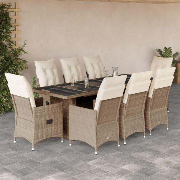 ARDEBO.de - 9-tlg. Garten-Bistro-Set mit Kissen Beige Poly Rattan