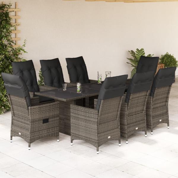 ARDEBO.de - 9-tlg. Garten-Essgruppe mit Kissen Grau Poly Rattan